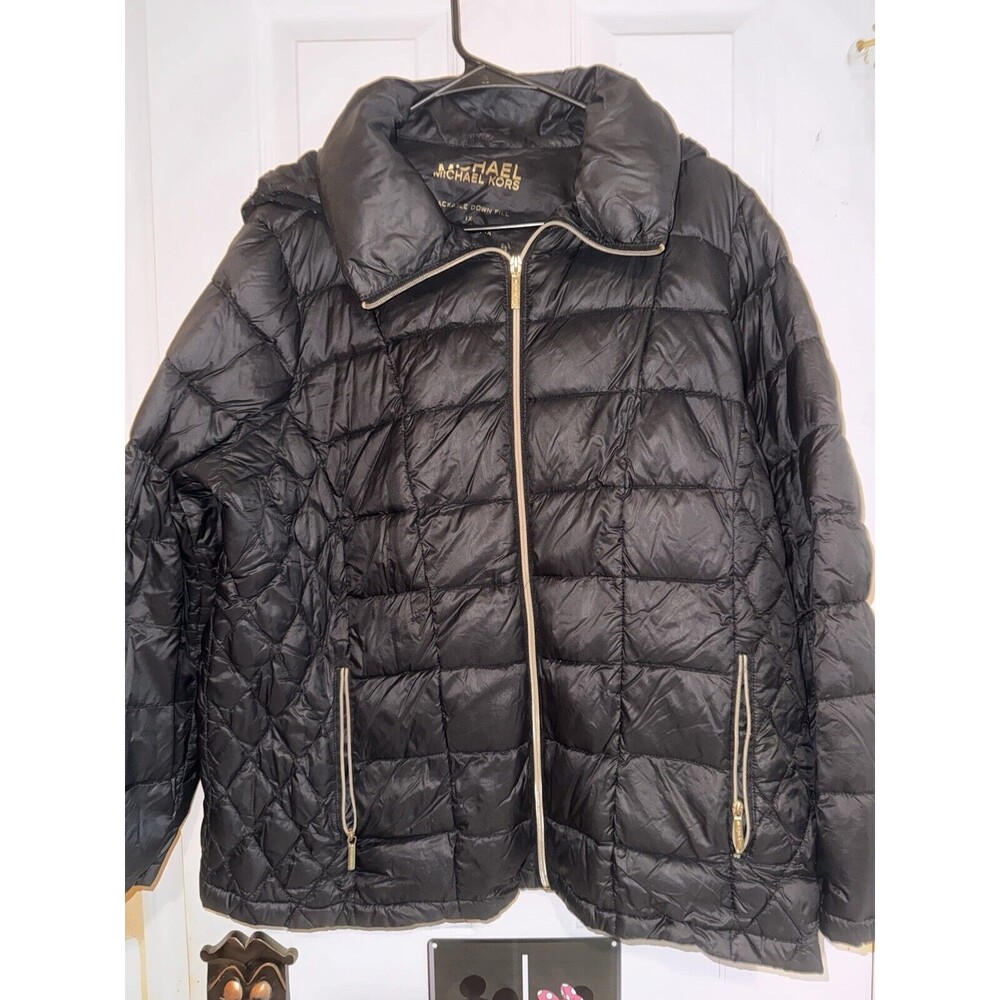 Womens Michael Kors Lightweight Black Down Fill Puffer Jacket Hooded Coat XL